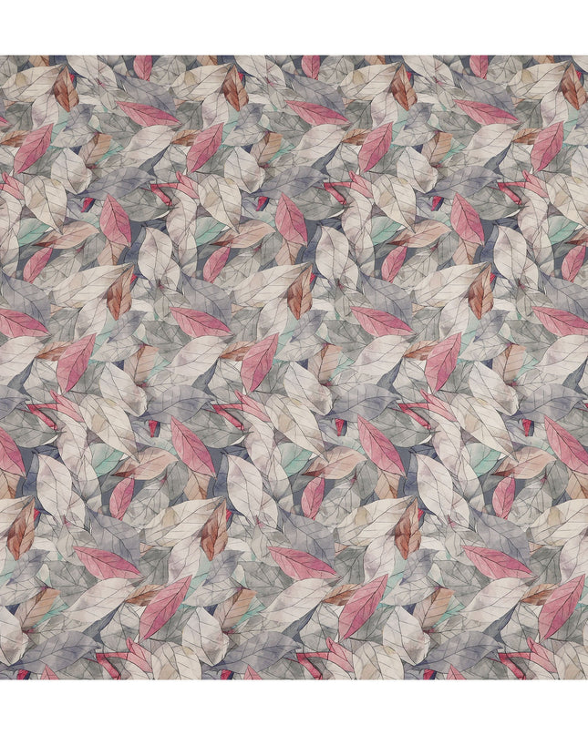 Grey Pink Leaf Printed Viscose Crepe Fabric 110 Cms Width India-D27739
