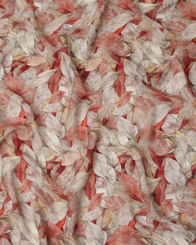 Beige Rust Leaf Printed Viscose Crepe Fabric 110 Cms Width India-D27738