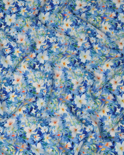 Cobalt Blue Floral Viscose Crepe Fabric