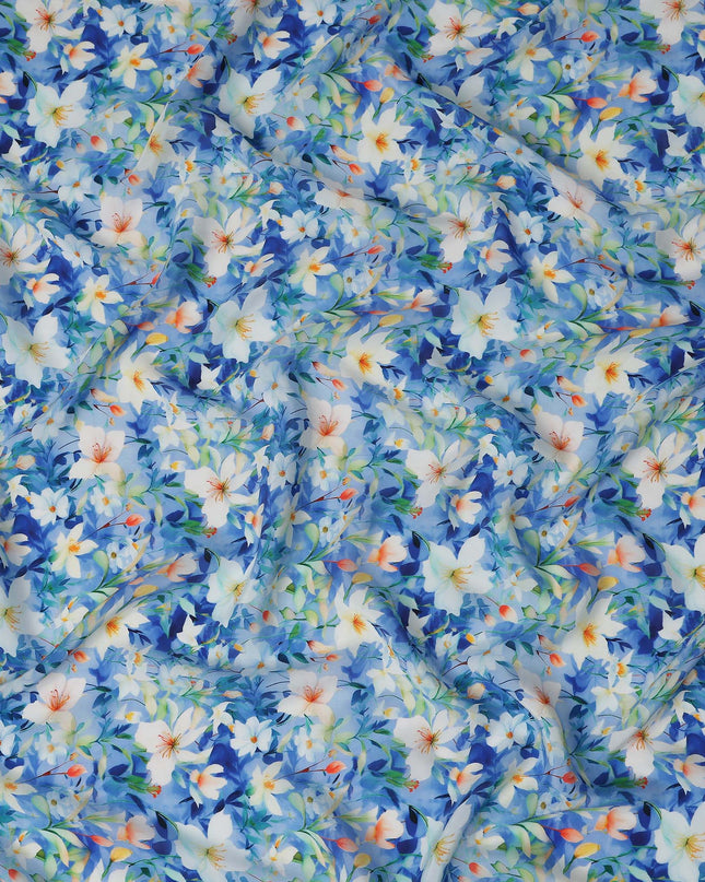 Cobalt Blue Floral Viscose Crepe Fabric