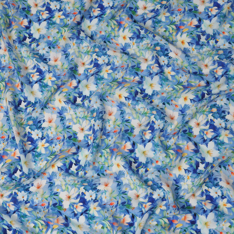Cobalt Blue Floral Viscose Crepe Fabric