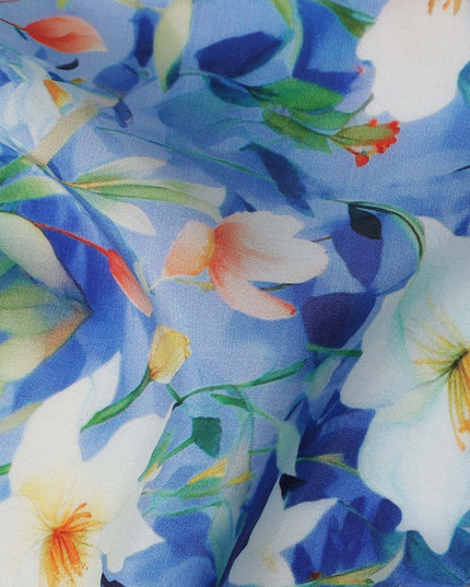 Cobalt Blue Floral Viscose Crepe Fabric