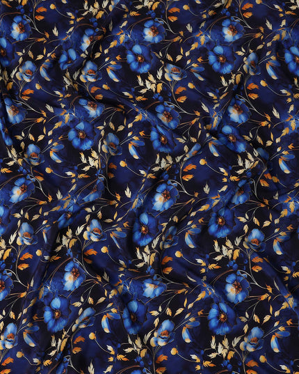 Navy Blue Floral Viscose Crepe Fabric