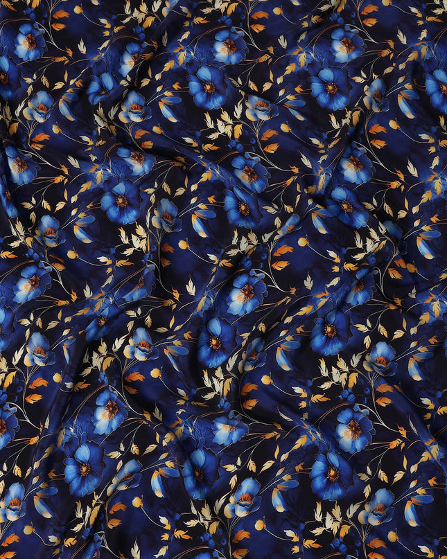 Navy Blue Floral Viscose Crepe Fabric