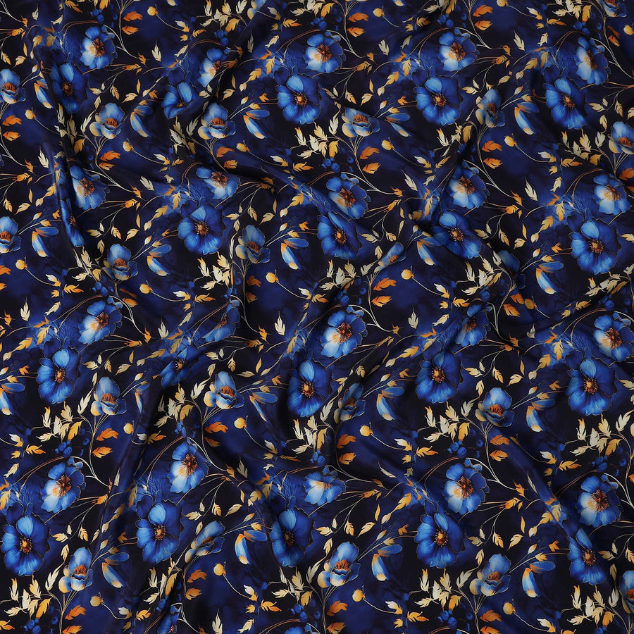 Navy Blue Floral Viscose Crepe Fabric