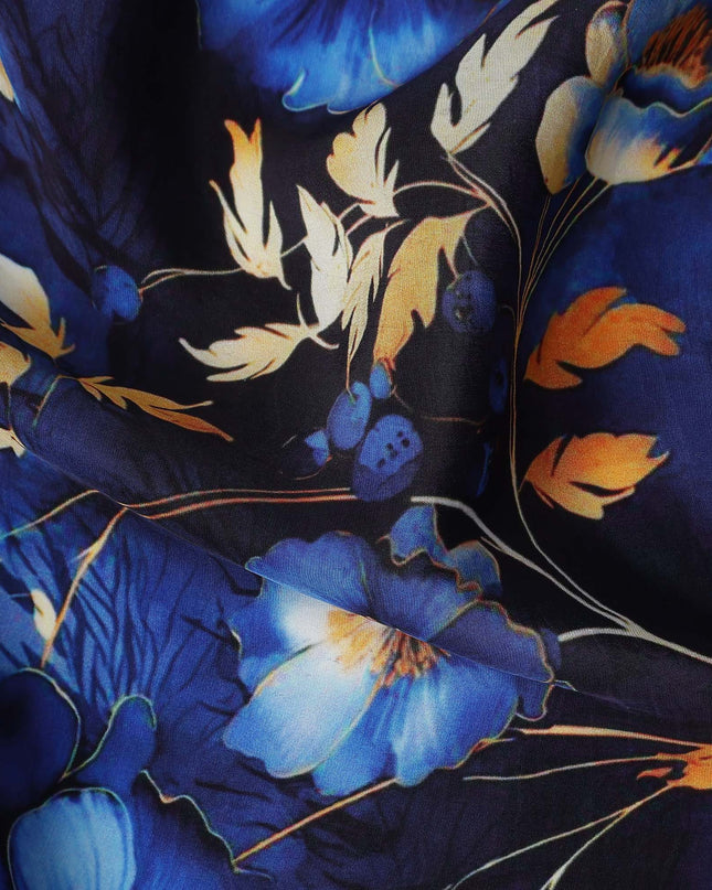 Navy Blue Floral Viscose Crepe Fabric