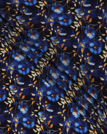 Navy Blue Floral Viscose Crepe Fabric