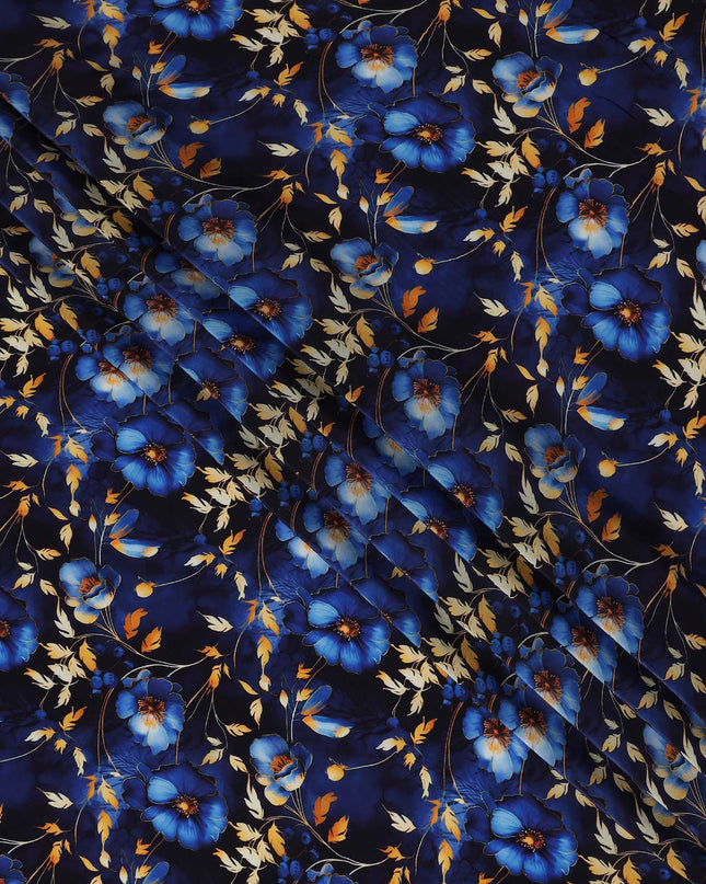 Navy Blue Floral Viscose Crepe Fabric