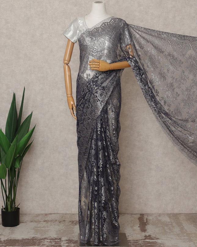 Navy Grey Premium French Metallic Chantilly Lace Saree, Width 110 Cms, Length 5.5 Mtrs, Imported from France-D25696 Regal Fabrics