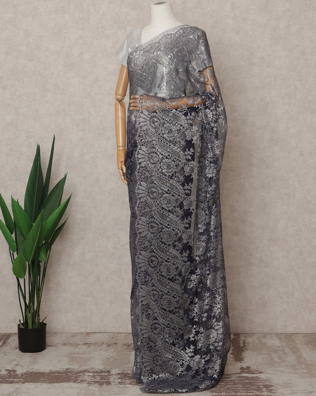 Navy Grey Premium French Metallic Chantilly Lace Saree, Width 110 Cms, Length 5.5 Mtrs, Imported from France-D25696 Regal Fabrics