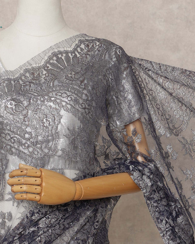 Navy Grey Premium French Metallic Chantilly Lace Saree, Width 110 Cms, Length 5.5 Mtrs, Imported from France-D25696 Regal Fabrics