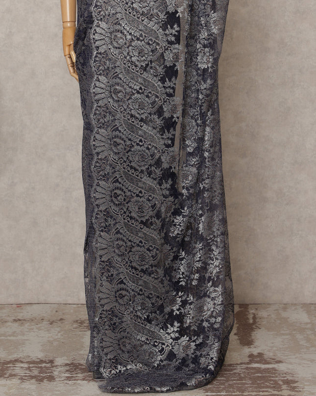 Navy Grey Premium French Metallic Chantilly Lace Saree, Width 110 Cms, Length 5.5 Mtrs, Imported from France-D25696 Regal Fabrics