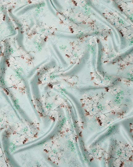Mint Blue Floral Printed Premium Pure Silk Satin Fabric Soft Smooth Lustrous Designer Finish 140 Cms Width, 3.5 Mtrs Piece and Made in Italy-D27201
