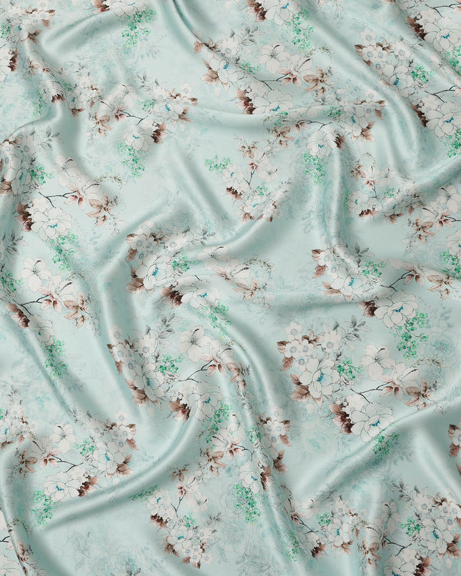 Mint Blue Floral Printed Premium Pure Silk Satin Fabric Soft Smooth Lustrous Designer Finish 140 Cms Width, 3.5 Mtrs Piece and Made in Italy-D27201