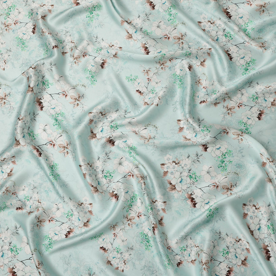 Mint Blue Floral Printed Premium Pure Silk Satin Fabric Soft Smooth Lustrous Designer Finish 140 Cms Width, 3.5 Mtrs Piece and Made in Italy-D27201