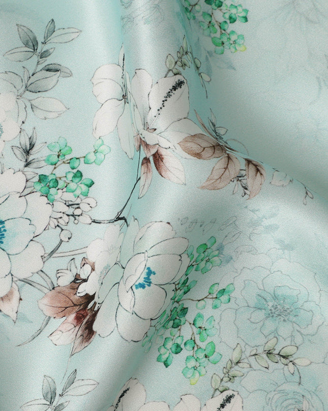 Mint Blue Floral Printed Premium Pure Silk Satin Fabric Soft Smooth Lustrous Designer Finish 140 Cms Width, 3.5 Mtrs Piece and Made in Italy-D27201