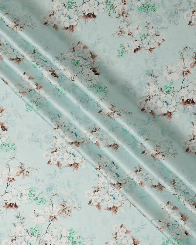 Mint Blue Floral Printed Premium Pure Silk Satin Fabric Soft Smooth Lustrous Designer Finish 140 Cms Width, 3.5 Mtrs Piece and Made in Italy-D27201