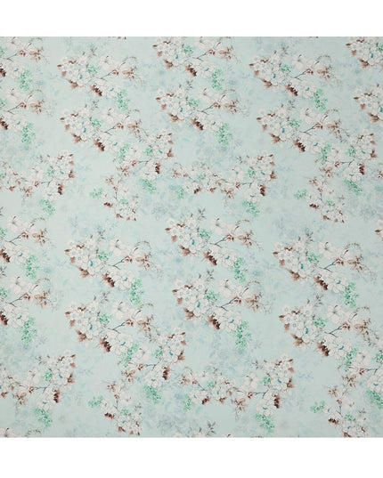 Mint Blue Floral Printed Premium Pure Silk Satin Fabric Soft Smooth Lustrous Designer Finish 140 Cms Width, 3.5 Mtrs Piece and Made in Italy-D27201