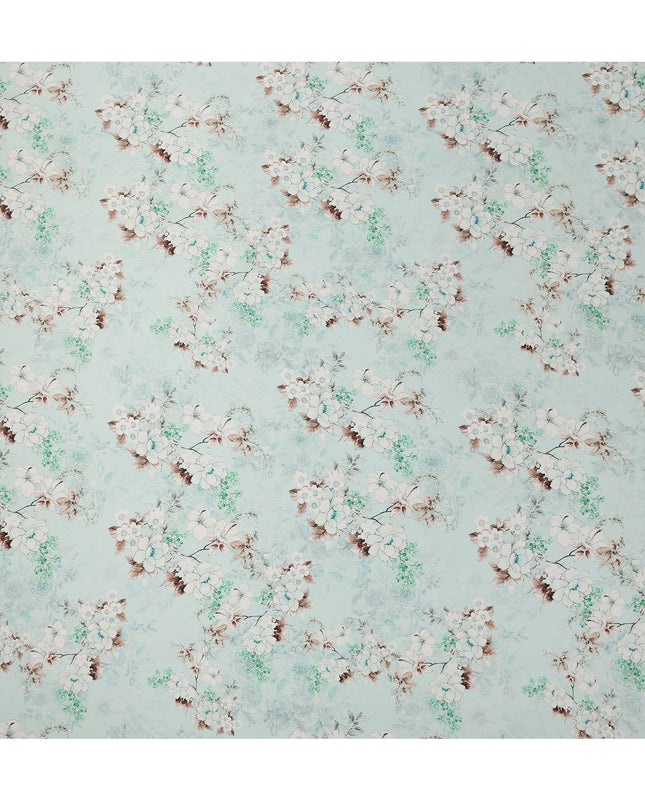 Mint Blue Floral Printed Premium Pure Silk Satin Fabric Soft Smooth Lustrous Designer Finish 140 Cms Width, 3.5 Mtrs Piece and Made in Italy-D27201