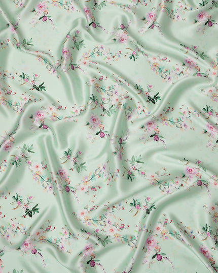 Mint Green Floral Blossom Print Premium Pure Silk Satin Fabric Soft Flowing Designer Finish 140 Cms Width, 3.5 Mtrs Piece and Made in Italy-D27209