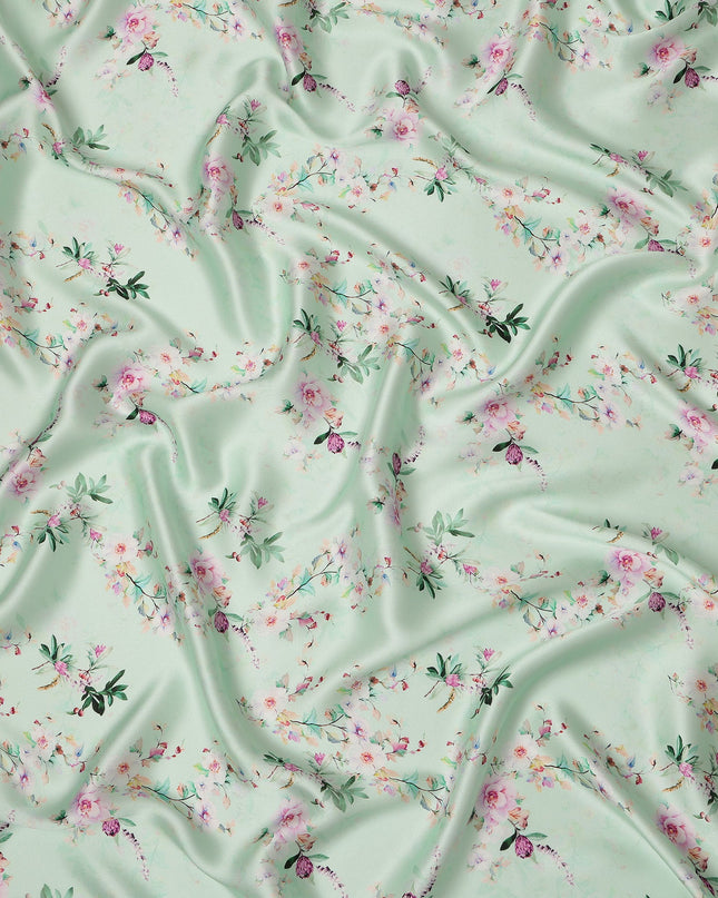 Mint Green Floral Blossom Print Premium Pure Silk Satin Fabric Soft Flowing Designer Finish 140 Cms Width, 3.5 Mtrs Piece and Made in Italy-D27209