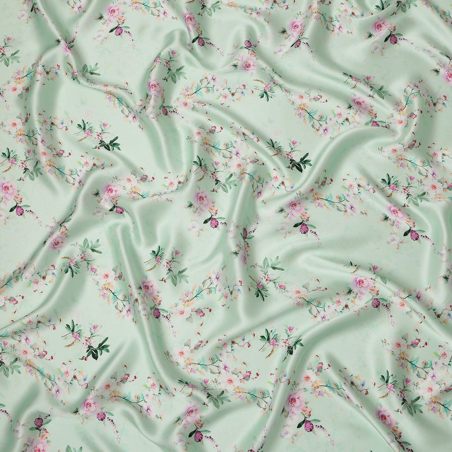 Mint Green Floral Blossom Print Premium Pure Silk Satin Fabric Soft Flowing Designer Finish 140 Cms Width, 3.5 Mtrs Piece and Made in Italy-D27209