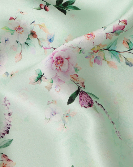 Mint Green Floral Blossom Print Premium Pure Silk Satin Fabric Soft Flowing Designer Finish 140 Cms Width, 3.5 Mtrs Piece and Made in Italy-D27209