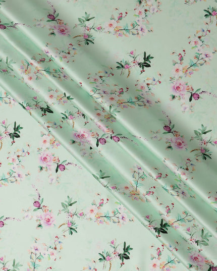 Mint Green Floral Blossom Print Premium Pure Silk Satin Fabric Soft Flowing Designer Finish 140 Cms Width, 3.5 Mtrs Piece and Made in Italy-D27209