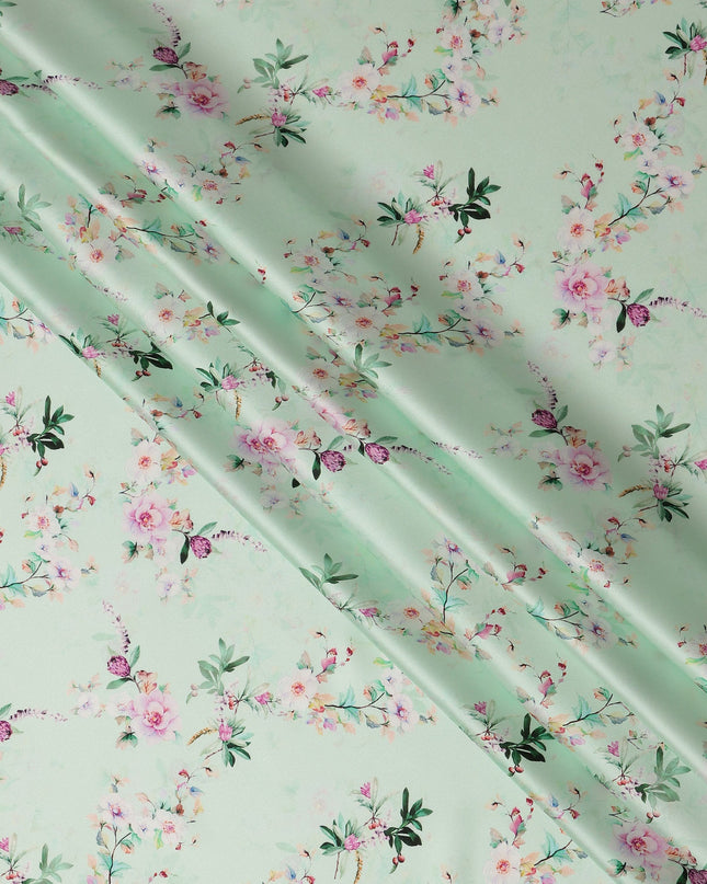 Mint Green Floral Blossom Print Premium Pure Silk Satin Fabric Soft Flowing Designer Finish 140 Cms Width, 3.5 Mtrs Piece and Made in Italy-D27209