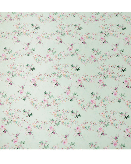 Mint Green Floral Blossom Print Premium Pure Silk Satin Fabric Soft Flowing Designer Finish 140 Cms Width, 3.5 Mtrs Piece and Made in Italy-D27209