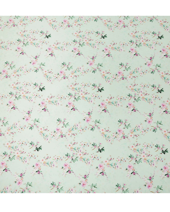 Mint Green Floral Blossom Print Premium Pure Silk Satin Fabric Soft Flowing Designer Finish 140 Cms Width, 3.5 Mtrs Piece and Made in Italy-D27209