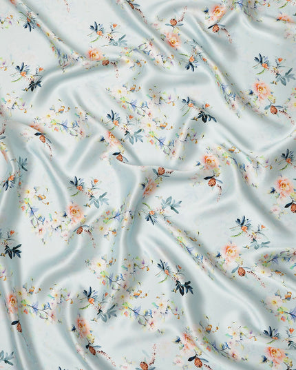 Mint Blue Floral Printed Premium Pure Silk Satin Fabric Soft Smooth Lustrous Designer Finish 140 Cms Width, 3.5 Mtrs Piece and Made in Italy-D27200