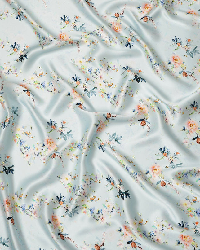 Mint Blue Floral Printed Premium Pure Silk Satin Fabric Soft Smooth Lustrous Designer Finish 140 Cms Width, 3.5 Mtrs Piece and Made in Italy-D27200