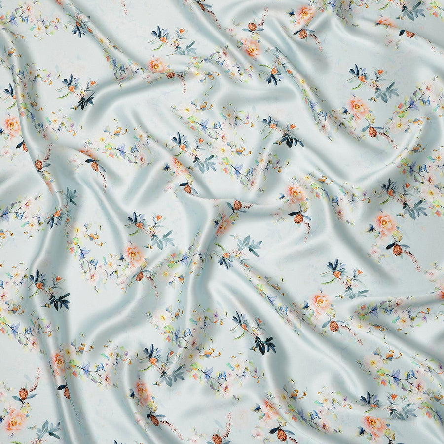 Mint Blue Floral Printed Premium Pure Silk Satin Fabric Soft Smooth Lustrous Designer Finish 140 Cms Width, 3.5 Mtrs Piece and Made in Italy-D27200