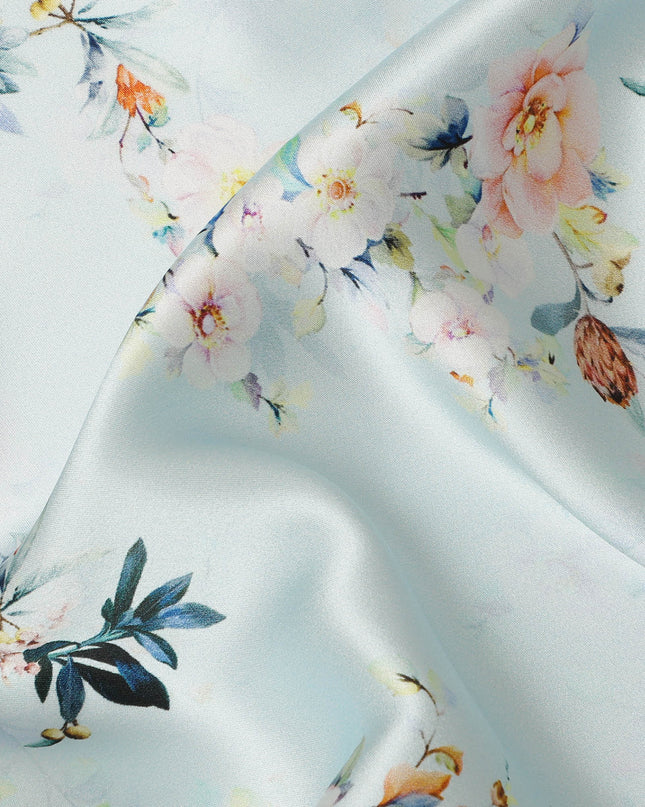 Mint Blue Floral Printed Premium Pure Silk Satin Fabric Soft Smooth Lustrous Designer Finish 140 Cms Width, 3.5 Mtrs Piece and Made in Italy-D27200