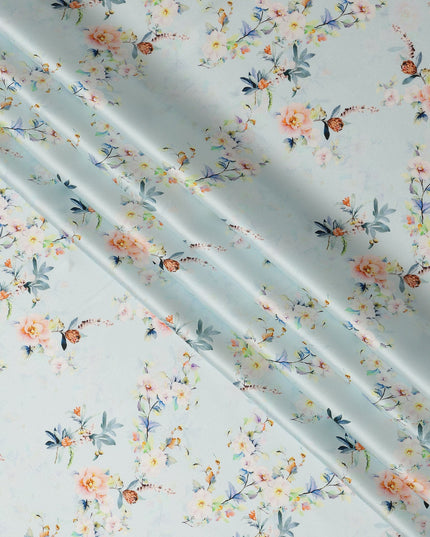 Mint Blue Floral Printed Premium Pure Silk Satin Fabric Soft Smooth Lustrous Designer Finish 140 Cms Width, 3.5 Mtrs Piece and Made in Italy-D27200