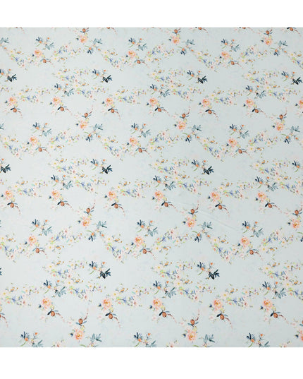 Mint Blue Floral Printed Premium Pure Silk Satin Fabric Soft Smooth Lustrous Designer Finish 140 Cms Width, 3.5 Mtrs Piece and Made in Italy-D27200
