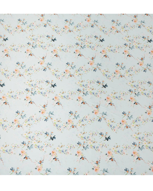 Mint Blue Floral Printed Premium Pure Silk Satin Fabric Soft Smooth Lustrous Designer Finish 140 Cms Width, 3.5 Mtrs Piece and Made in Italy-D27200