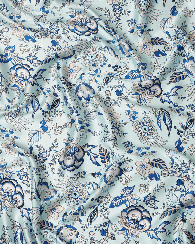 Light Blue Floral Printed Premium Pure Silk Satin Fabric Soft Smooth Lustrous Designer Finish 140 Cms Width, 3.5 Mtrs Piece and Made in Italy-D27194