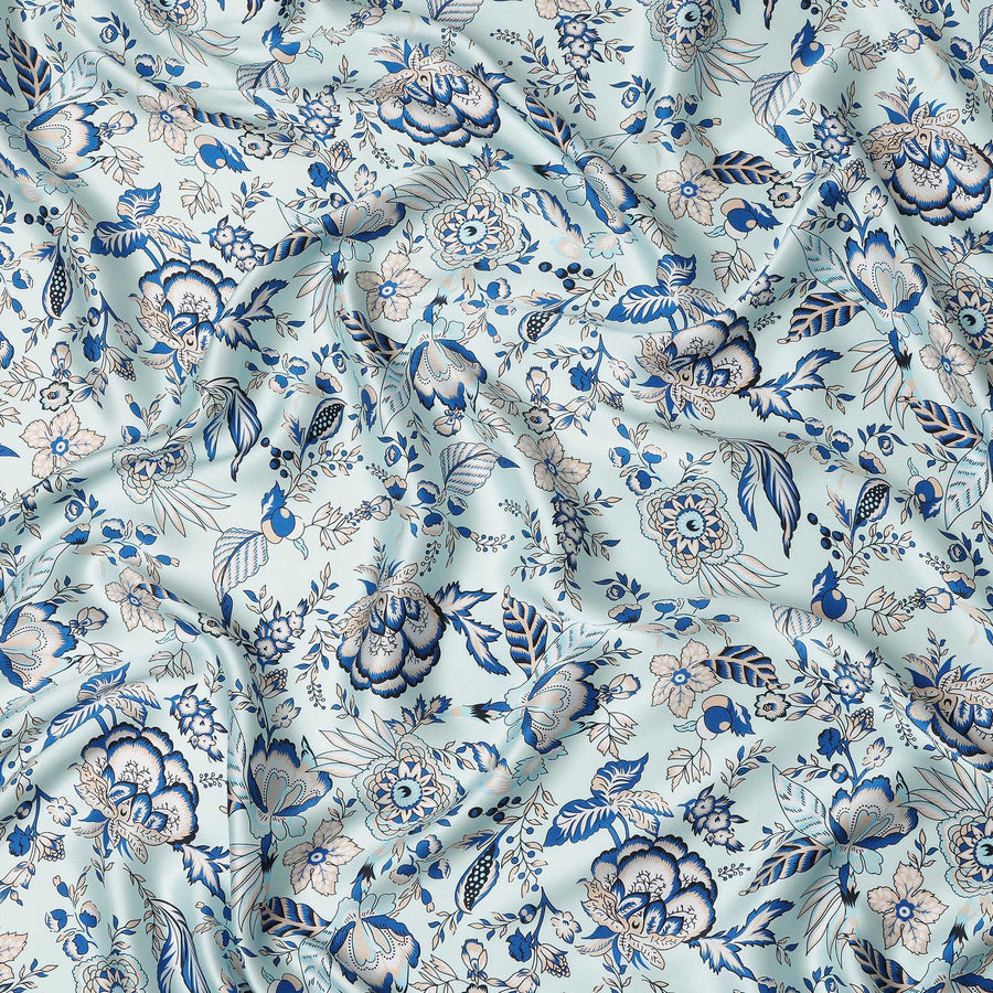 Light Blue Floral Printed Premium Pure Silk Satin Fabric Soft Smooth Lustrous Designer Finish 140 Cms Width, 3.5 Mtrs Piece and Made in Italy-D27194