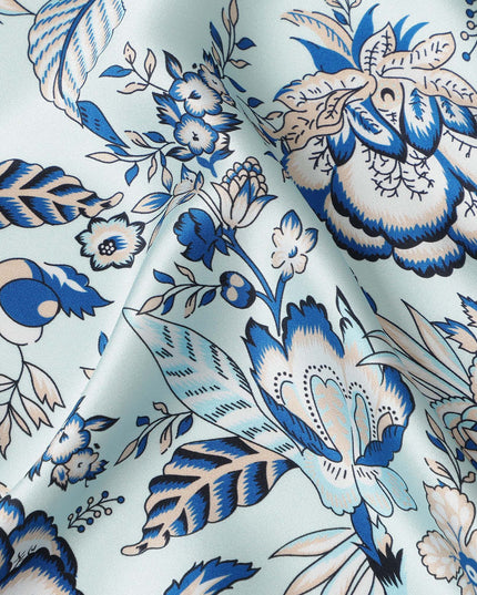 Light Blue Floral Printed Premium Pure Silk Satin Fabric Soft Smooth Lustrous Designer Finish 140 Cms Width, 3.5 Mtrs Piece and Made in Italy-D27194