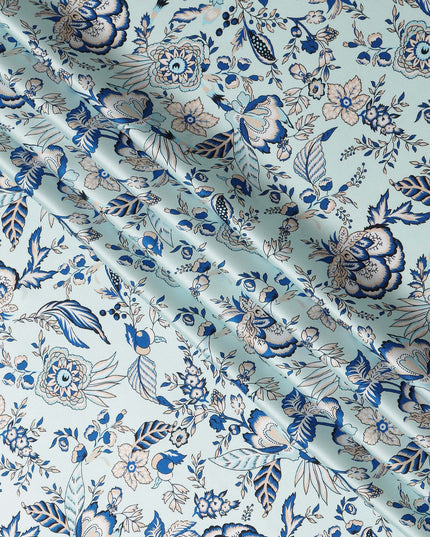 Light Blue Floral Printed Premium Pure Silk Satin Fabric Soft Smooth Lustrous Designer Finish 140 Cms Width, 3.5 Mtrs Piece and Made in Italy-D27194