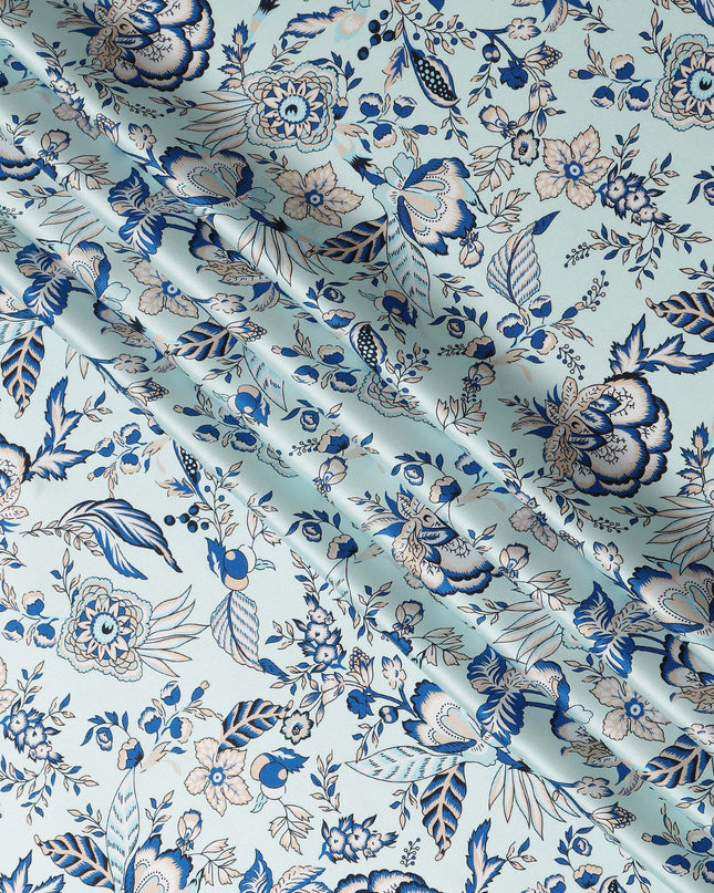 Light Blue Floral Printed Premium Pure Silk Satin Fabric Soft Smooth Lustrous Designer Finish 140 Cms Width, 3.5 Mtrs Piece and Made in Italy-D27194