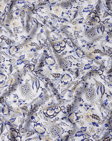 White Blue Floral Printed Premium Pure Silk Satin Fabric Soft Smooth Lustrous Designer Finish 140 Cms Width, 3.5 Mtrs Piece and Made in Italy-D27195