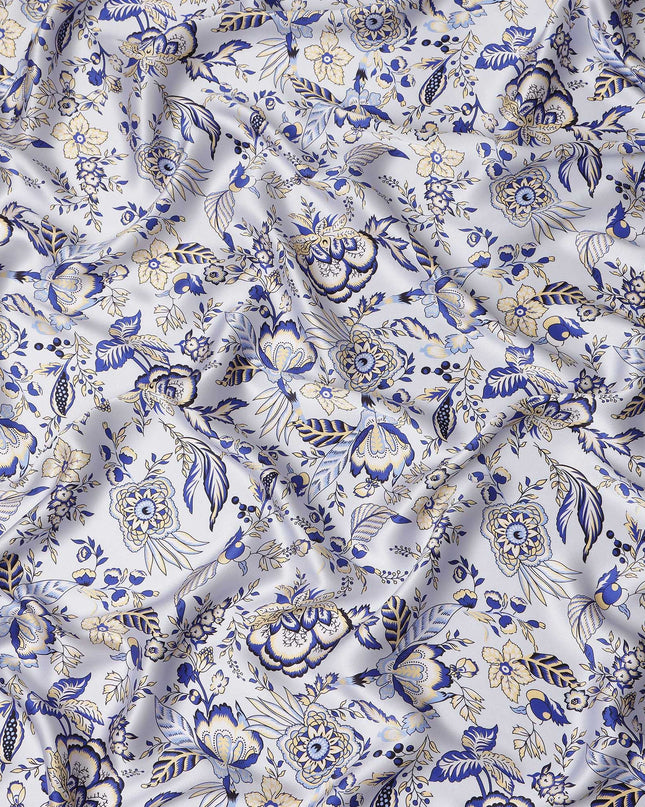 White Blue Floral Printed Premium Pure Silk Satin Fabric Soft Smooth Lustrous Designer Finish 140 Cms Width, 3.5 Mtrs Piece and Made in Italy-D27195