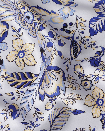 White Blue Floral Printed Premium Pure Silk Satin Fabric Soft Smooth Lustrous Designer Finish 140 Cms Width, 3.5 Mtrs Piece and Made in Italy-D27195
