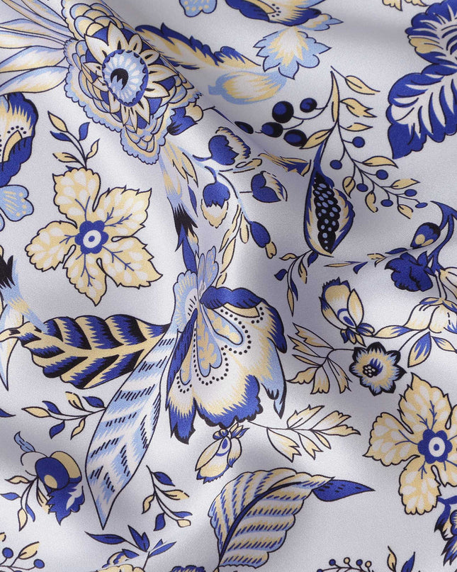 White Blue Floral Printed Premium Pure Silk Satin Fabric Soft Smooth Lustrous Designer Finish 140 Cms Width, 3.5 Mtrs Piece and Made in Italy-D27195