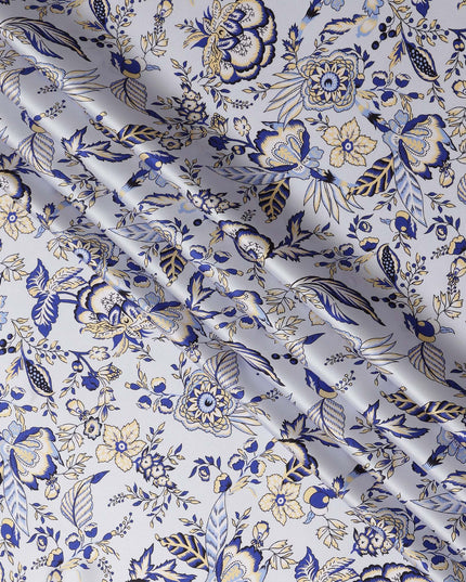 White Blue Floral Printed Premium Pure Silk Satin Fabric Soft Smooth Lustrous Designer Finish 140 Cms Width, 3.5 Mtrs Piece and Made in Italy-D27195