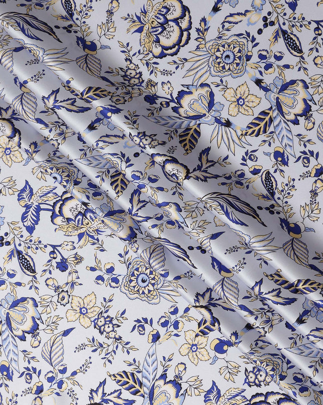 White Blue Floral Printed Premium Pure Silk Satin Fabric Soft Smooth Lustrous Designer Finish 140 Cms Width, 3.5 Mtrs Piece and Made in Italy-D27195