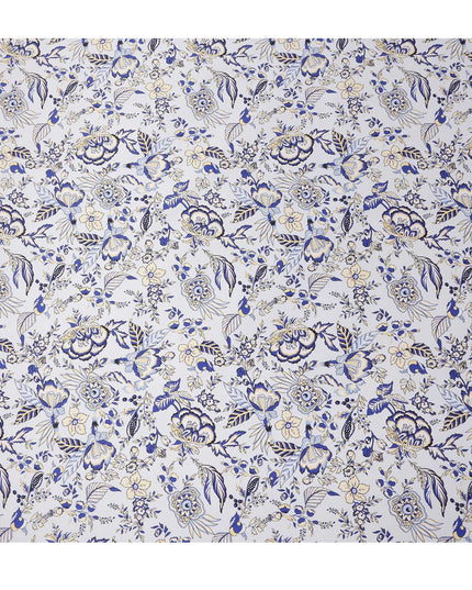 White Blue Floral Printed Premium Pure Silk Satin Fabric Soft Smooth Lustrous Designer Finish 140 Cms Width, 3.5 Mtrs Piece and Made in Italy-D27195